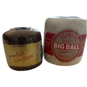 Lot of 2 Crochet Thread Cotton Clarks Big Ball 400yd J&P Coat 150yrd Brown Cream